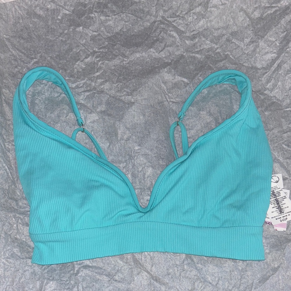 Ribbed V-Neck Bikini Top in Teal